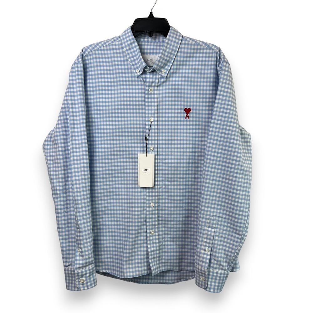 Ami Paris Gingham Button Down Shirt Mens 42 Blue White Heart Logo Minimalist Y2K